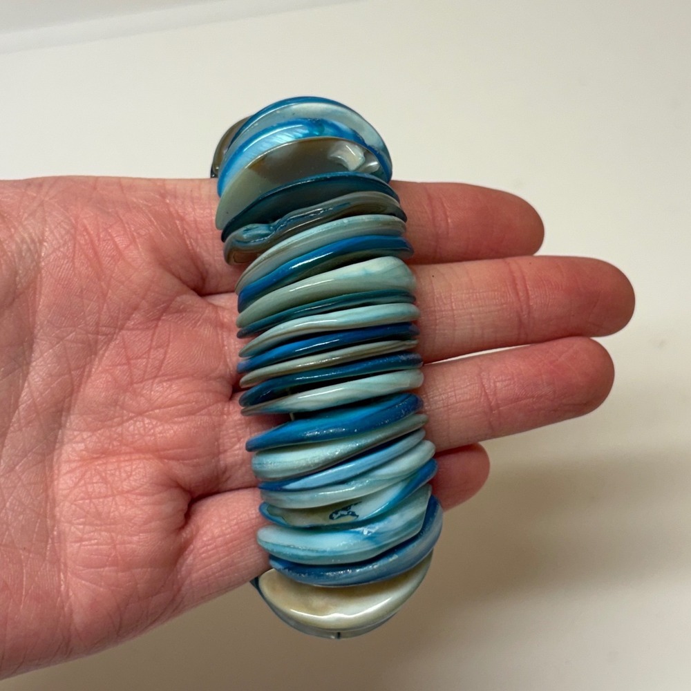 Blue Iridescent Shell Disc Stretch Bracelet Coastal Boho Stacked